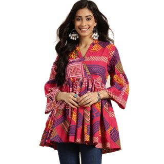 Sangria Pink & Blue Geometric Printed Bell Sleeves Pure Cotton A-line Top at Rs.1699